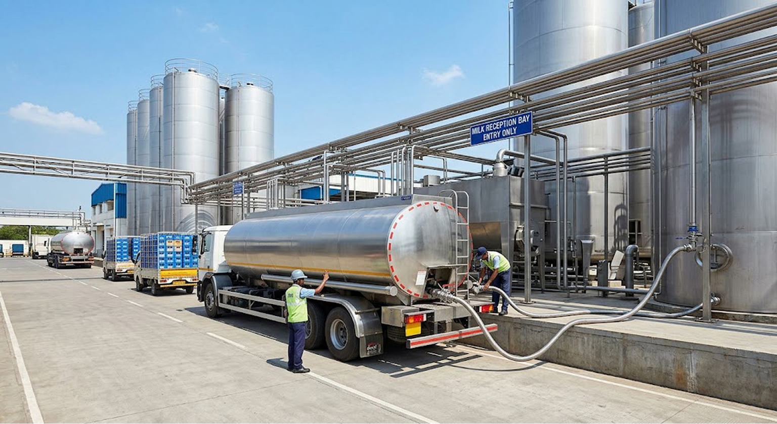 Milk tanker unloading at a dairy plant's milk reception bay